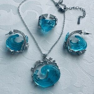 Silver and Blue Wave silver Jewelry Set Necklace , Earrings and Adjustable Ring